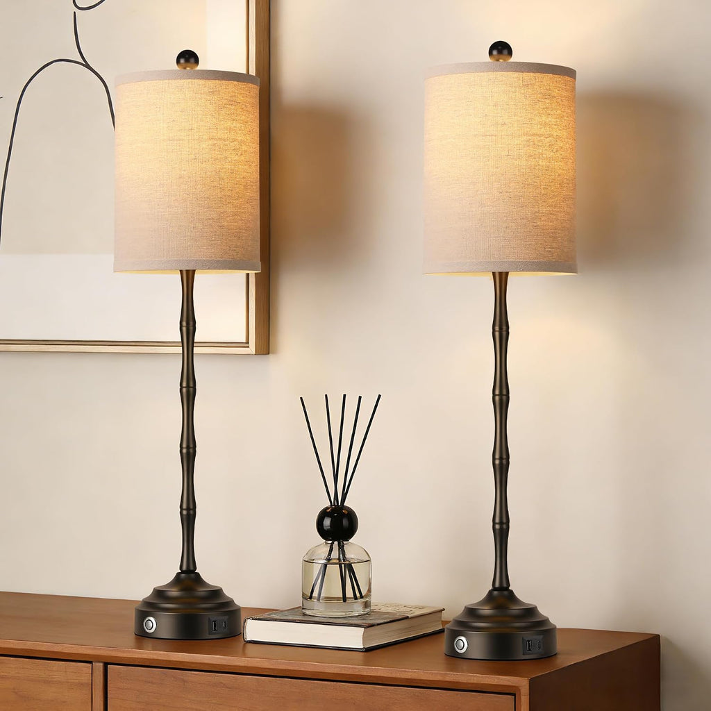 Set of 2 30.5in Black Linen Shade Skinny Table Lamps
