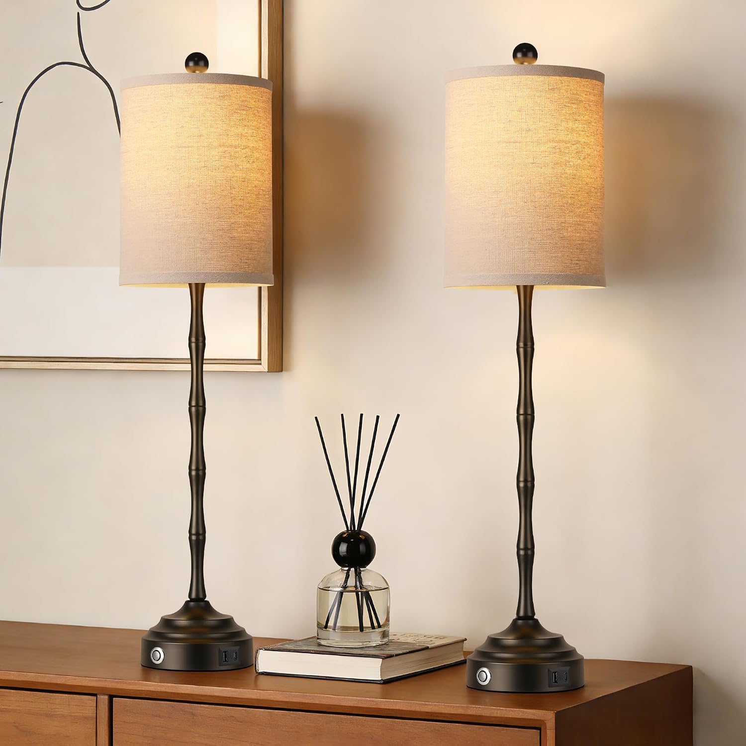 Set of 2 30.5in Black Linen Shade Skinny Table Lamps