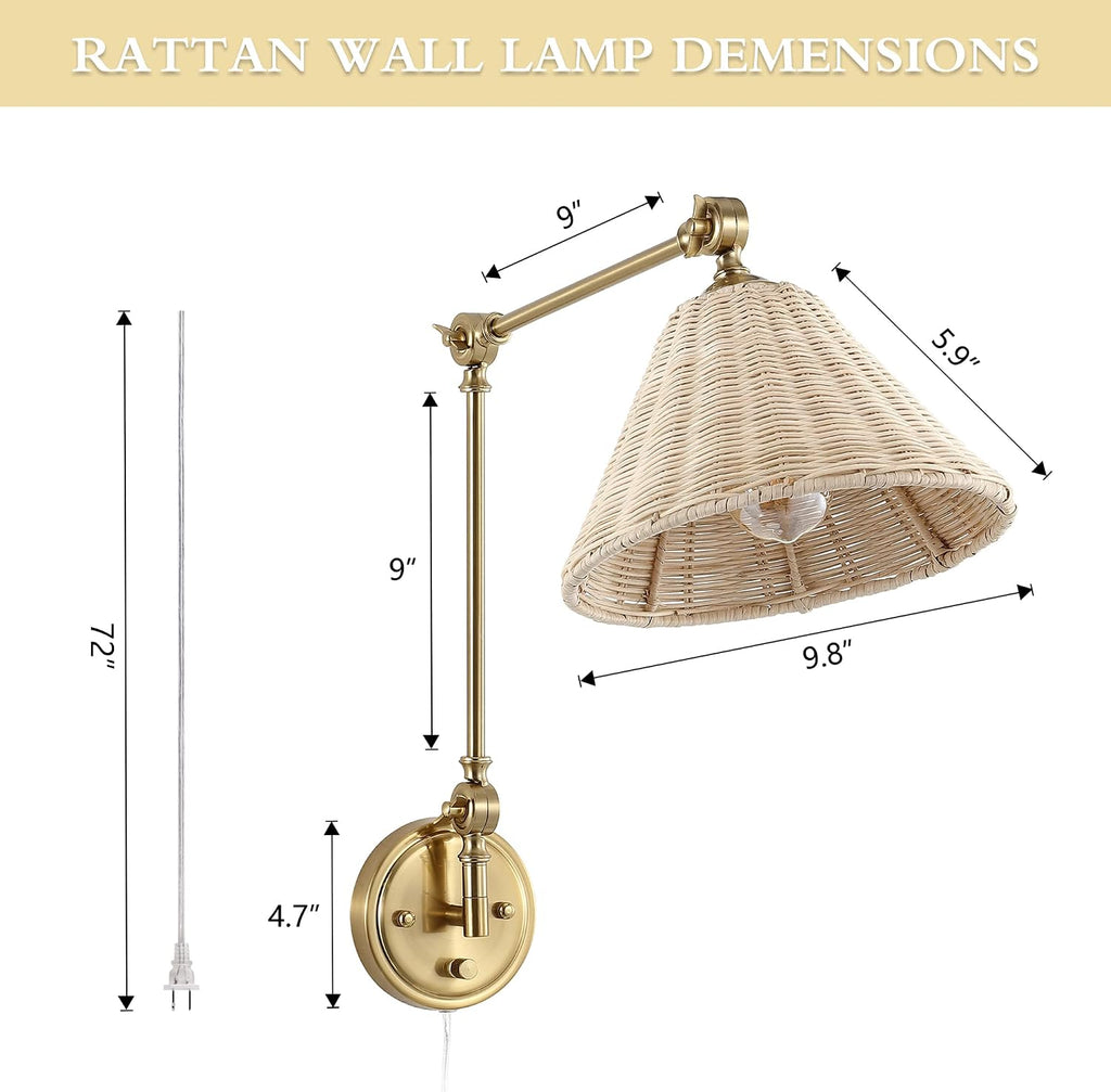 2 Pack Gold Swing Arm Rattan Wall Sconces