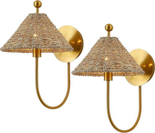 2 Pack Brass Rattan Boho Wall Sconces