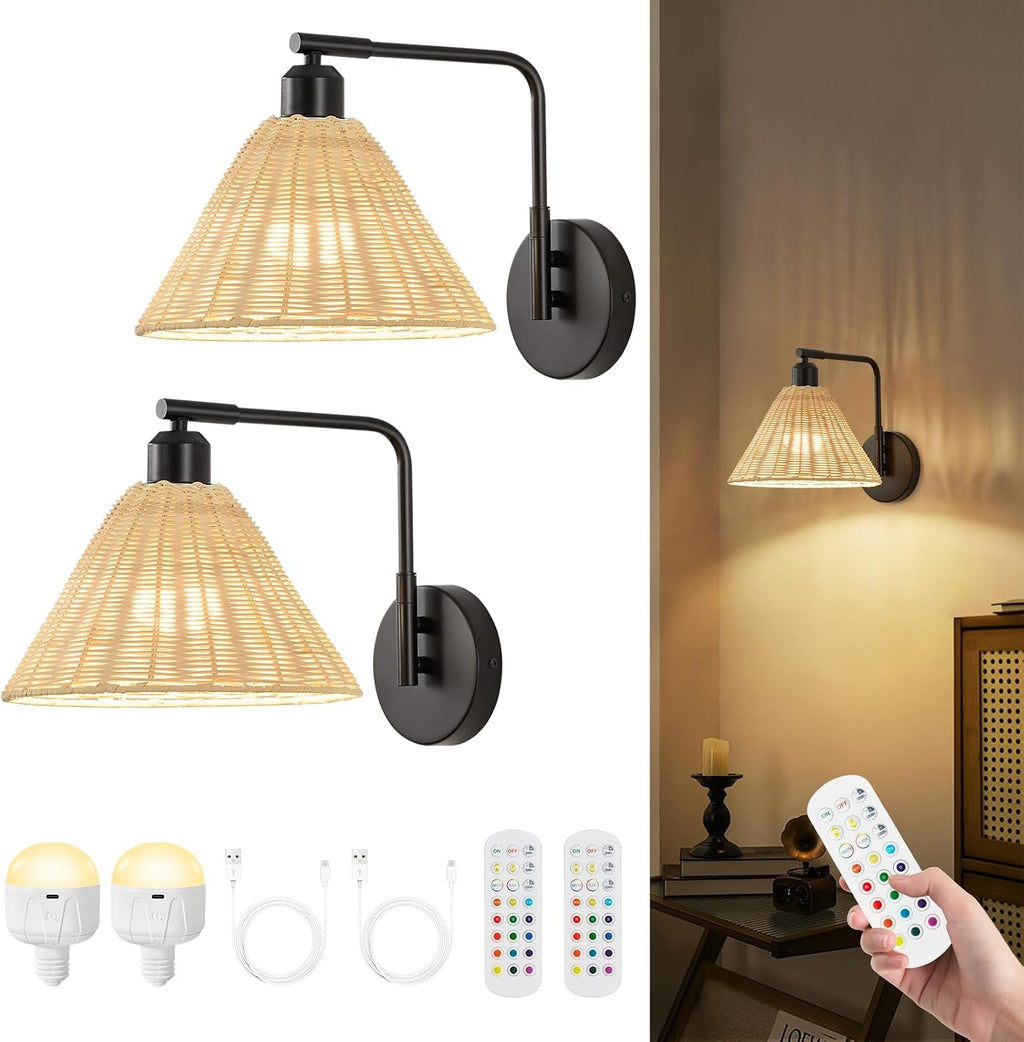2 Pack Black Swing Arm Rattan Rechargeable Sconces