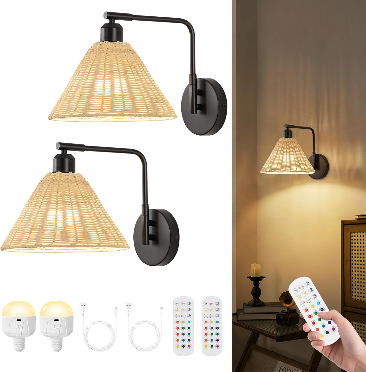 2 Pack Black Swing Arm Rattan Rechargeable Sconces