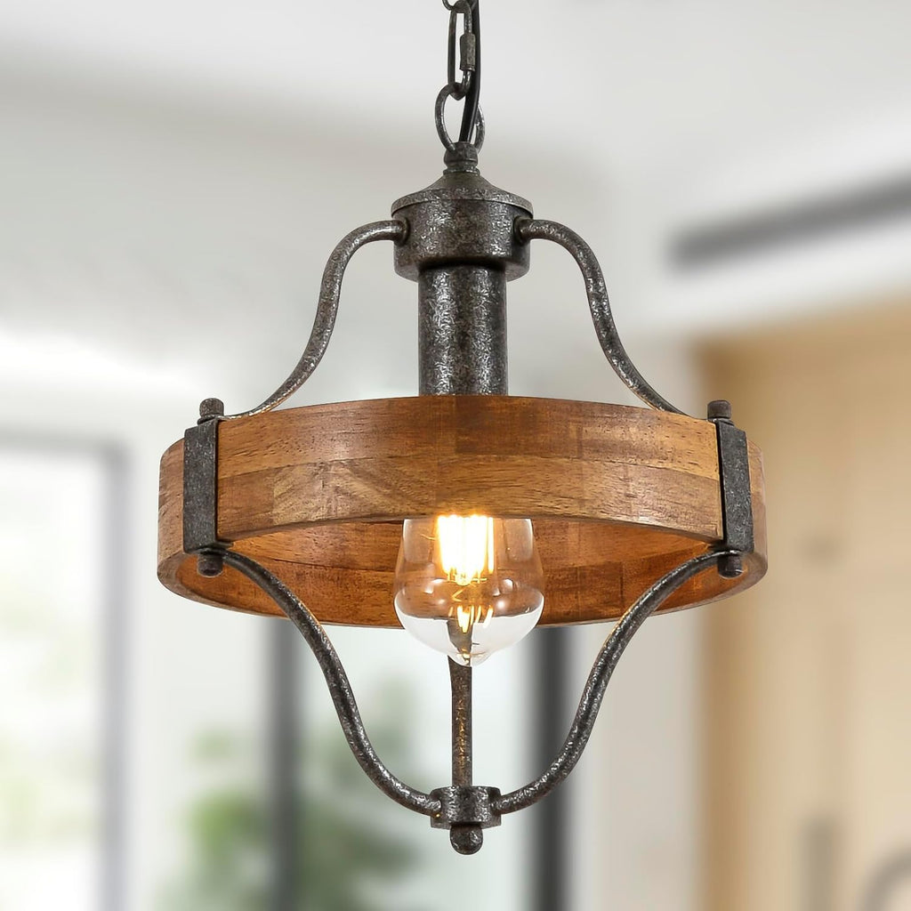 Round Wood Metal Farmhouse Pendant Light
