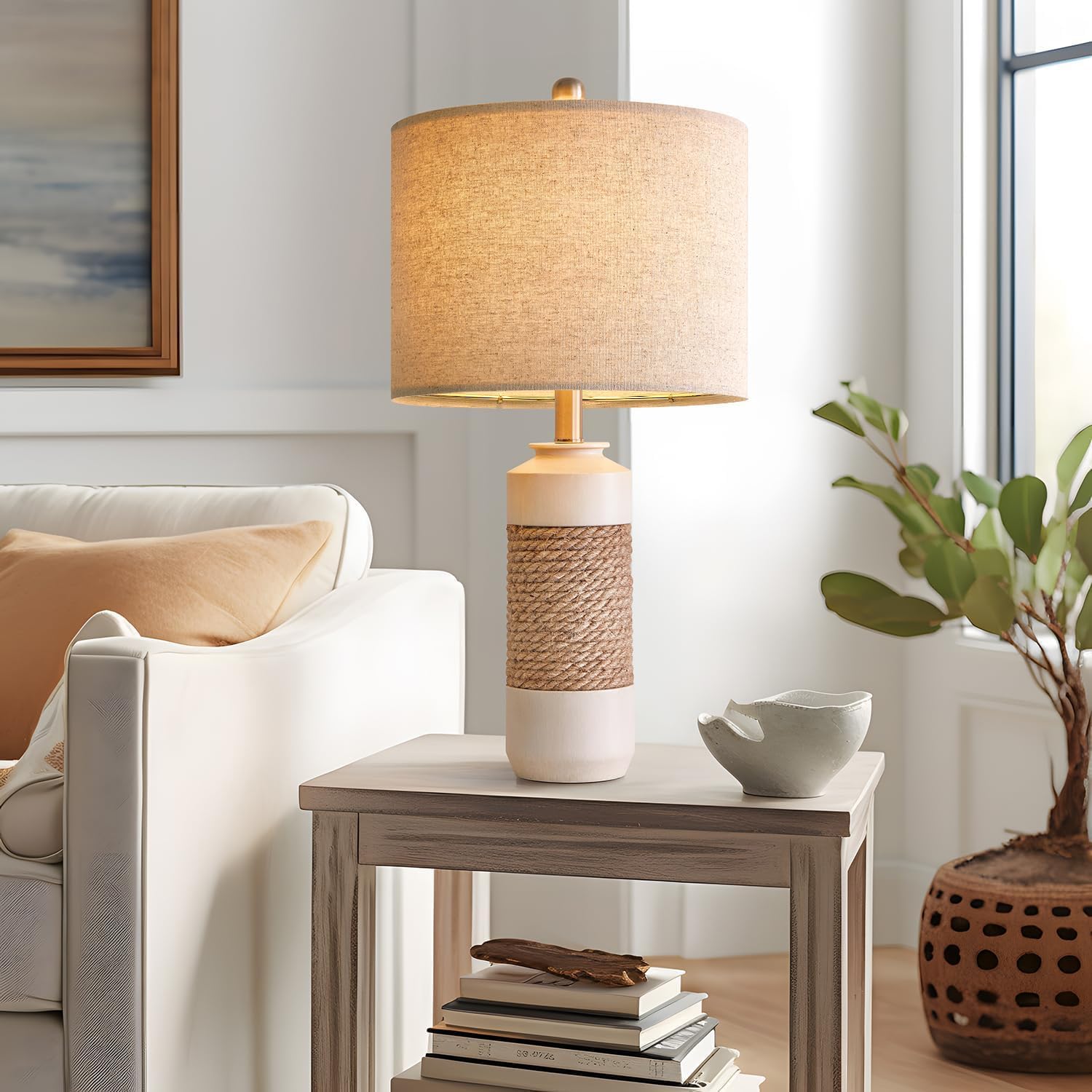 Set of 2 23.75in Antique White Rattan Farmhouse Table Lamps