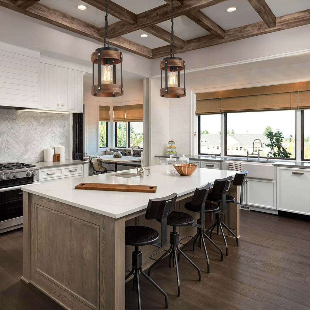 2 Pack Oak Drum Farmhouse Pendant Lights