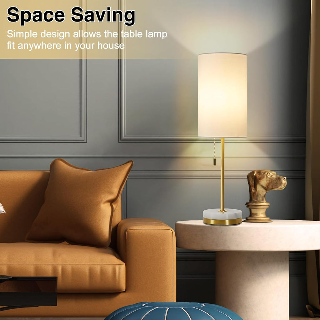 Set of 2 Gold Marble Base Pull Chain Table Lamps