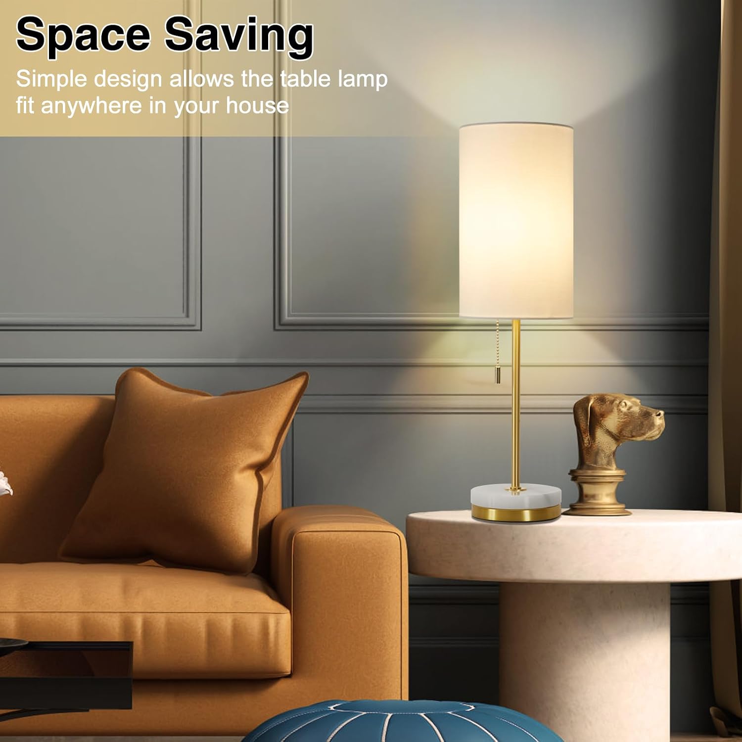 Set of 2 Gold Marble Base Pull Chain Table Lamps
