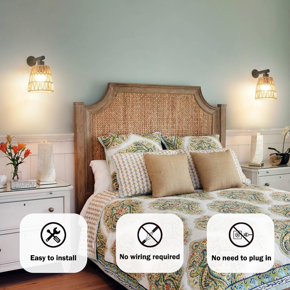 2 Pack RGB Black Rattan Battery Sconces