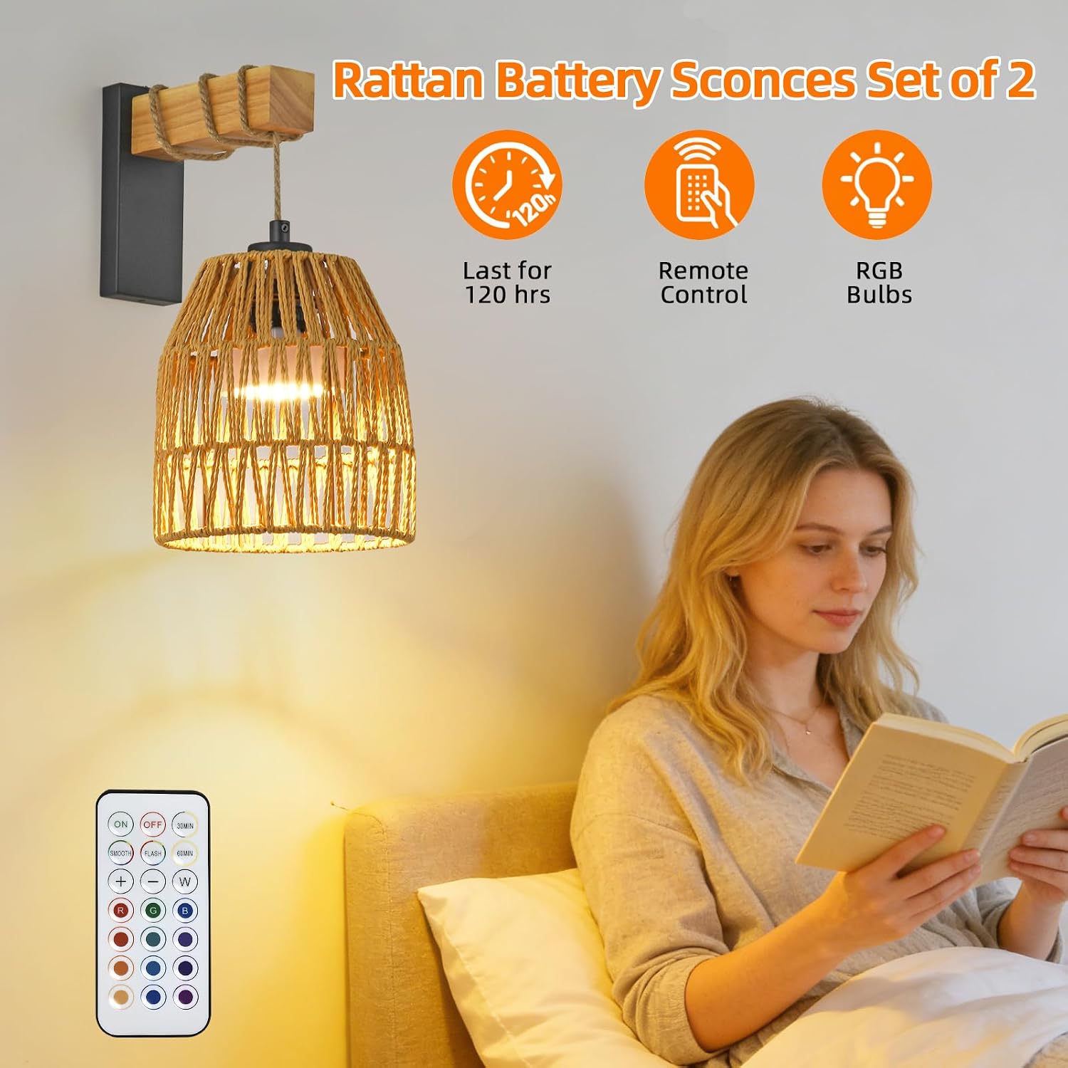 2 Pack Black Battery Rattan Wall Sconces