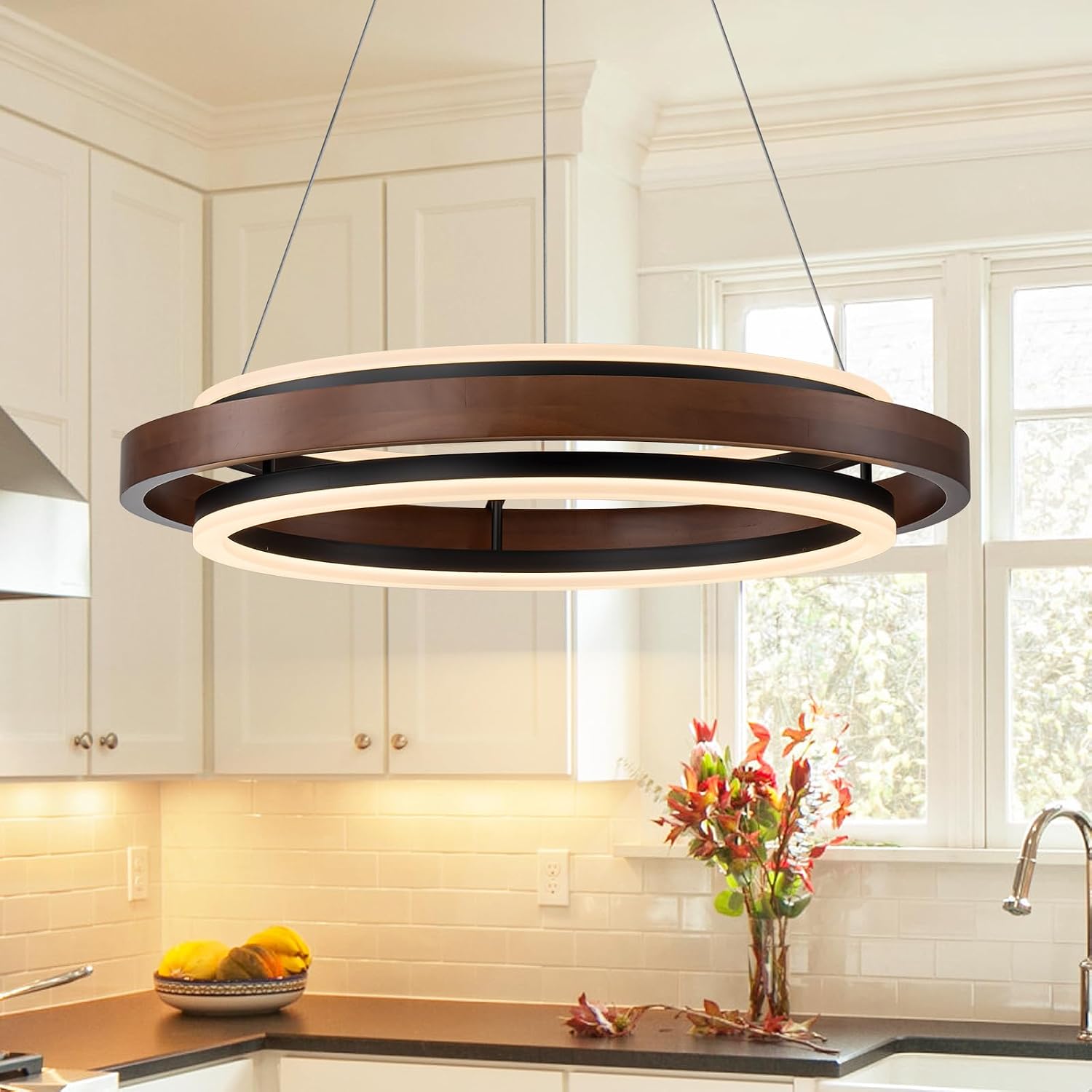 Walnut Wood 2 Ring LED Chandelier
