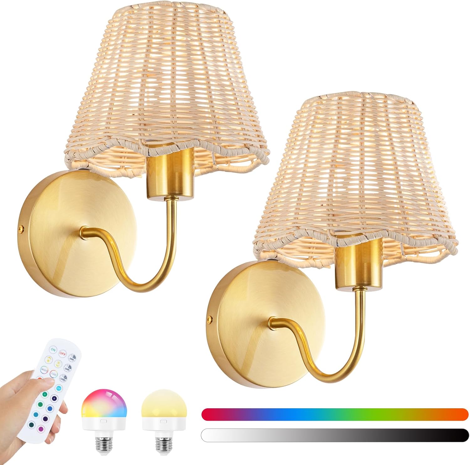 2 Pack Gold RGB Rattan Battery Wall Sconces