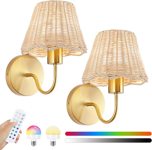 2 Pack Gold RGB Rattan Battery Wall Sconces