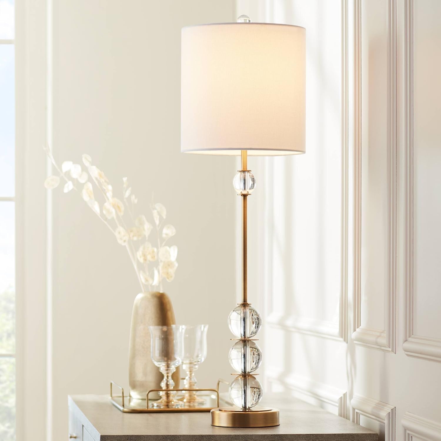 32.5in Brass Gold Crystal Accent Art Deco Table Lamp