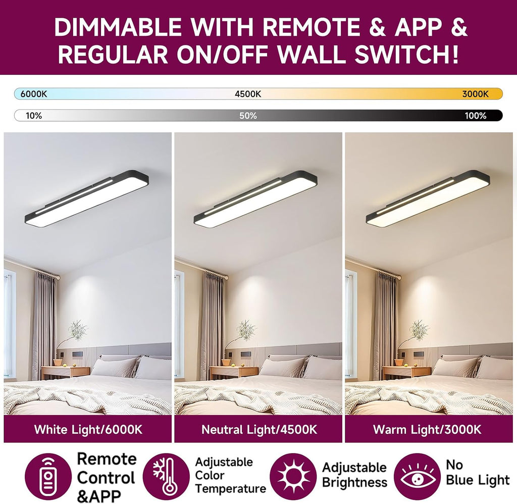 39.4in Black Remote Dimmable Linear LED Ceiling Light