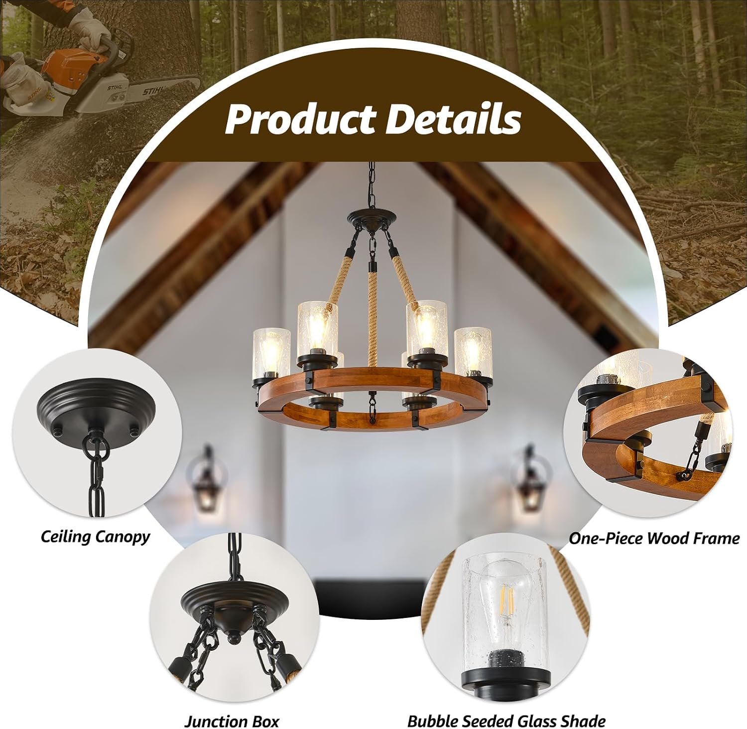 Wood Wagon Wheel Farmhouse Chandelier