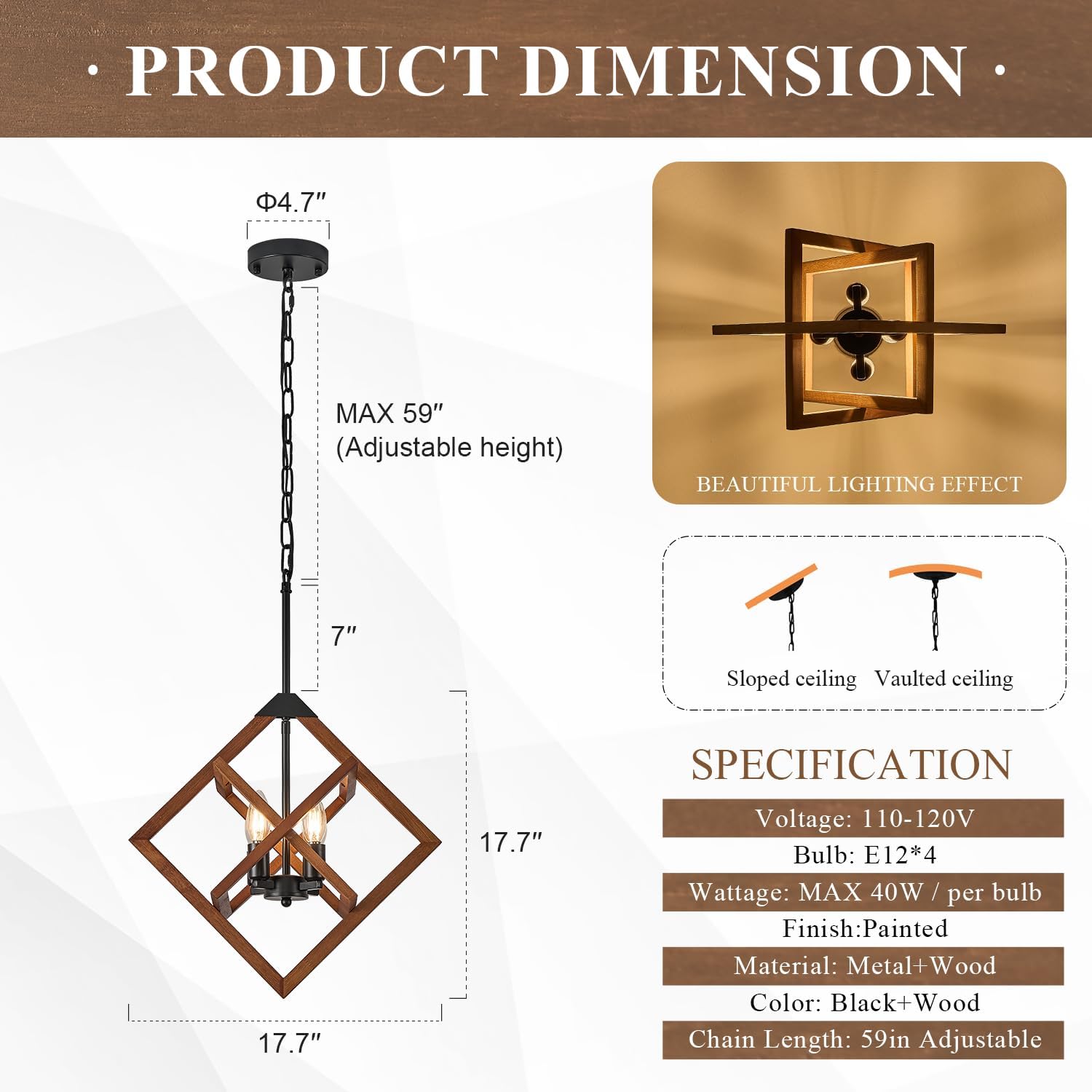 4-Light Geometric Wood Chandelier
