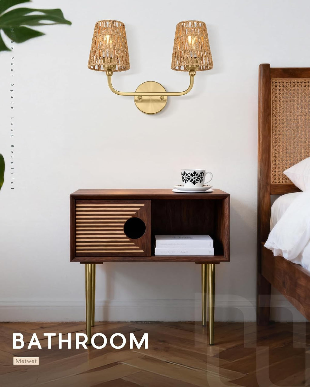 2-Light Gold Rattan Vanity Sconce