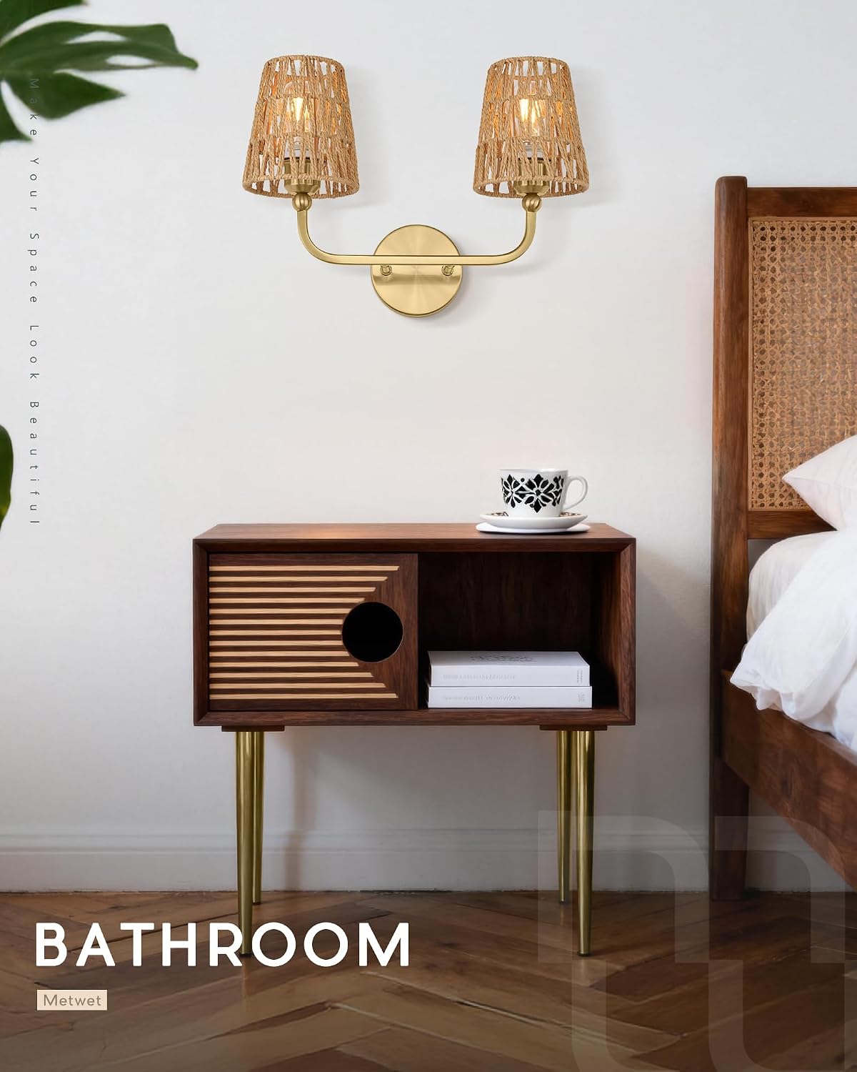 2-Light Gold Rattan Vanity Sconce