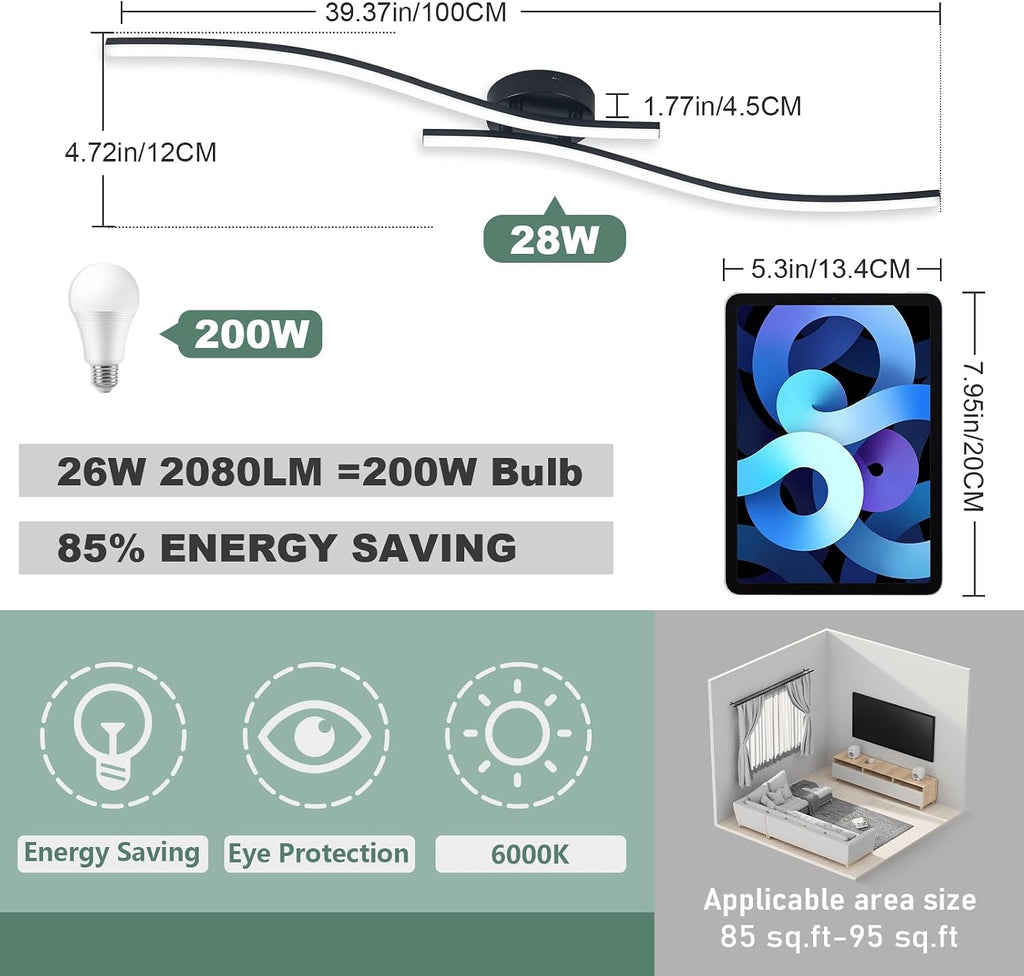 39.37in Black Aluminum Linear LED Ceiling Light