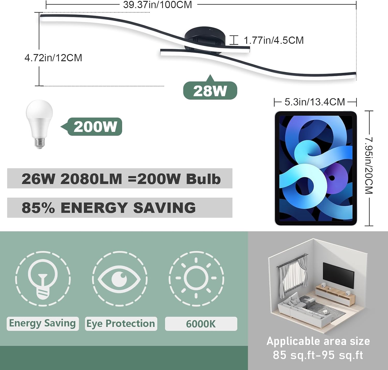 39.37in Black Aluminum Linear LED Ceiling Light