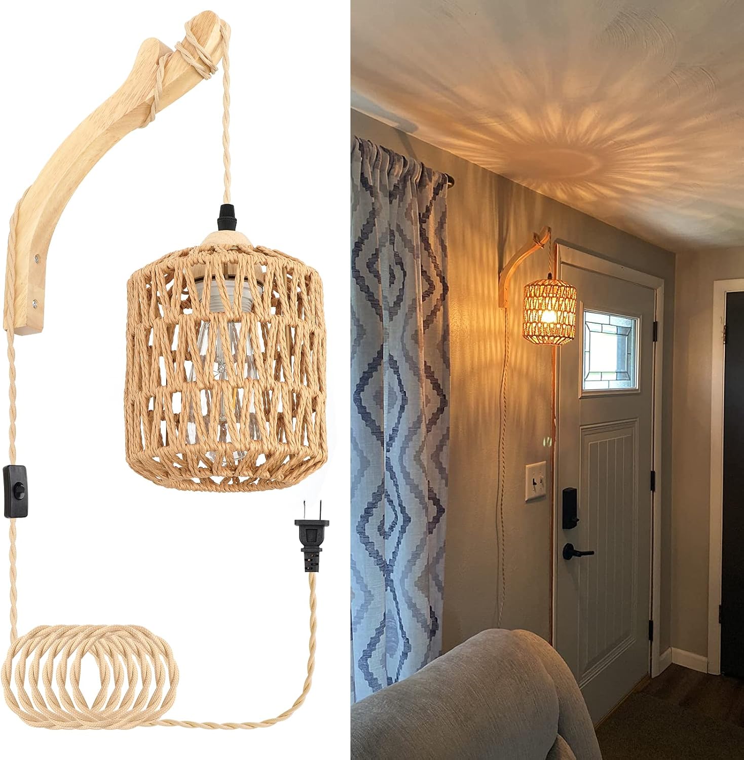 Plug-in Rattan Boho Wall Sconce