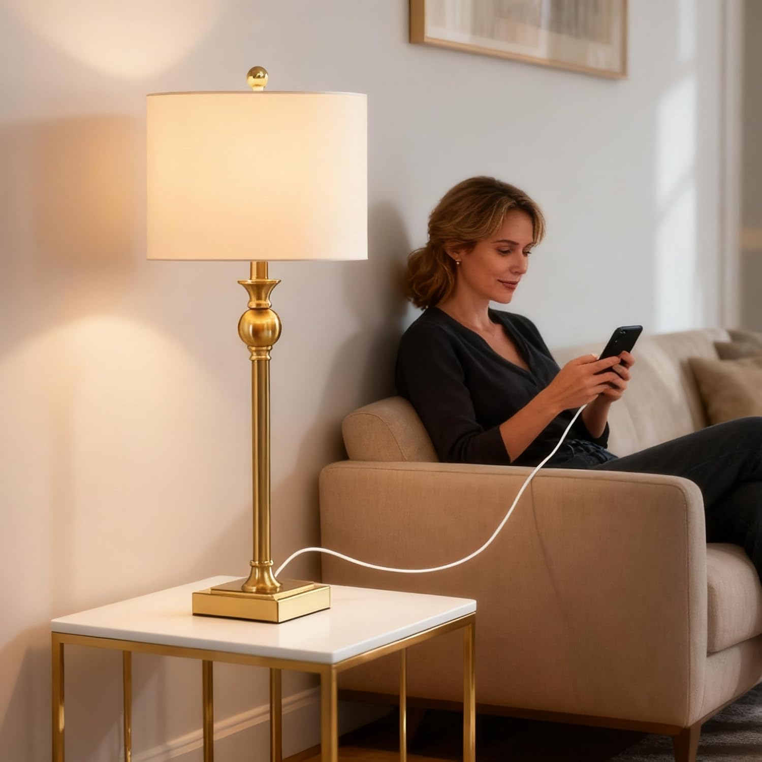 Set of 2 28in Brass USB Charging Tall Table Lamps