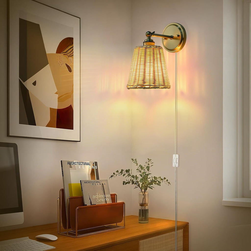 2 Pack Plug-in Wicker Rattan Wall Sconces