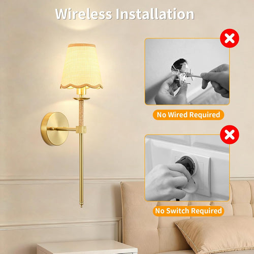 2 Pack Gold RGB Rattan Battery Wall Sconces