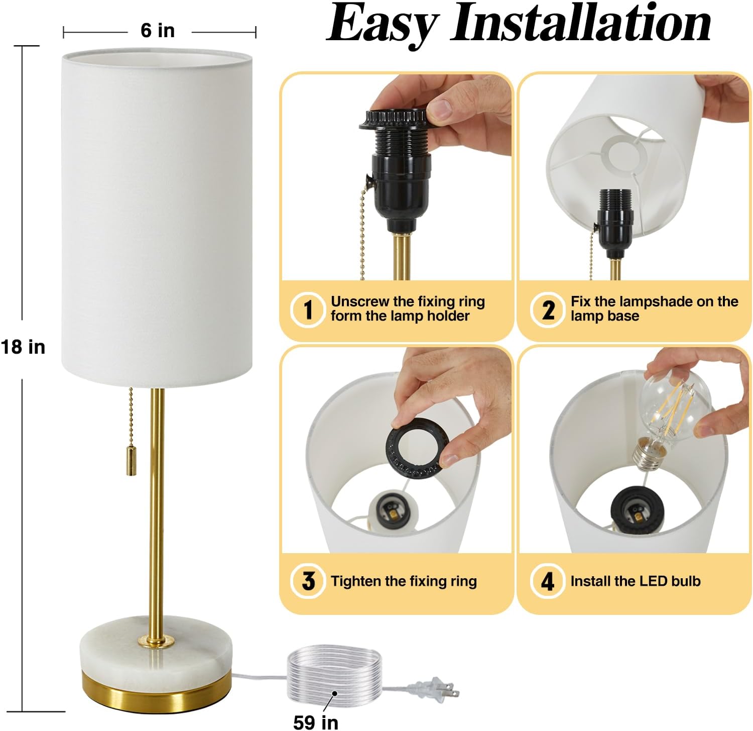 Set of 2 Gold Marble Base Pull Chain Table Lamps