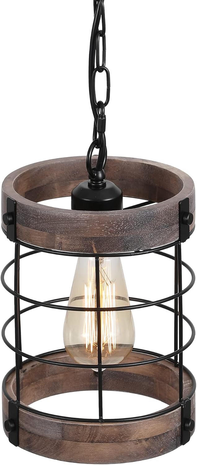 1-Light Wood Farmhouse Pendant Light