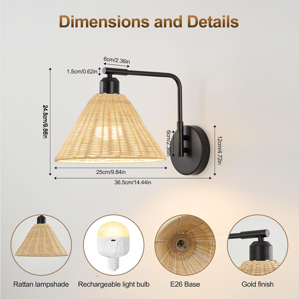 2 Pack Black Swing Arm Rattan Rechargeable Sconces