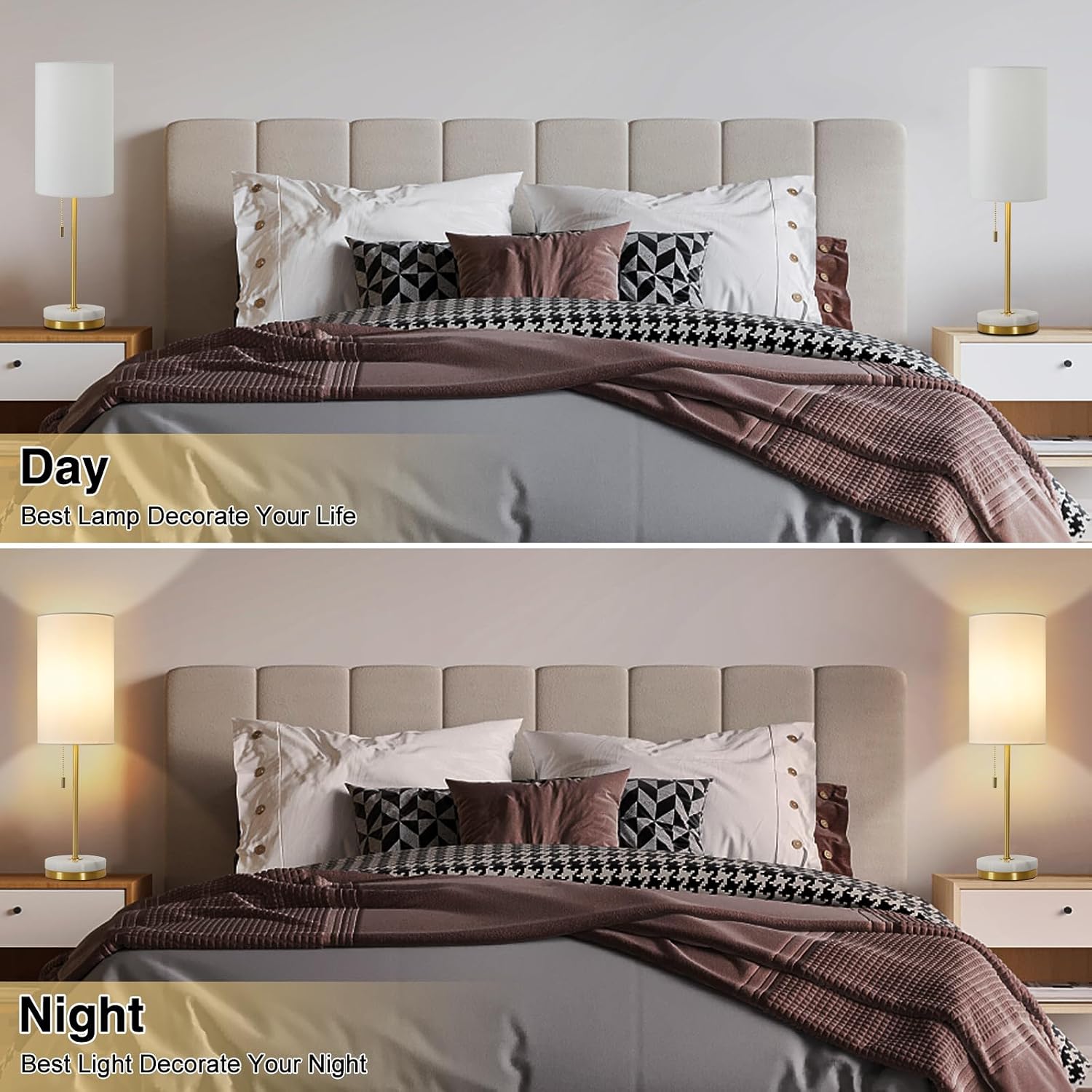 Set of 2 Gold Marble Base Pull Chain Table Lamps