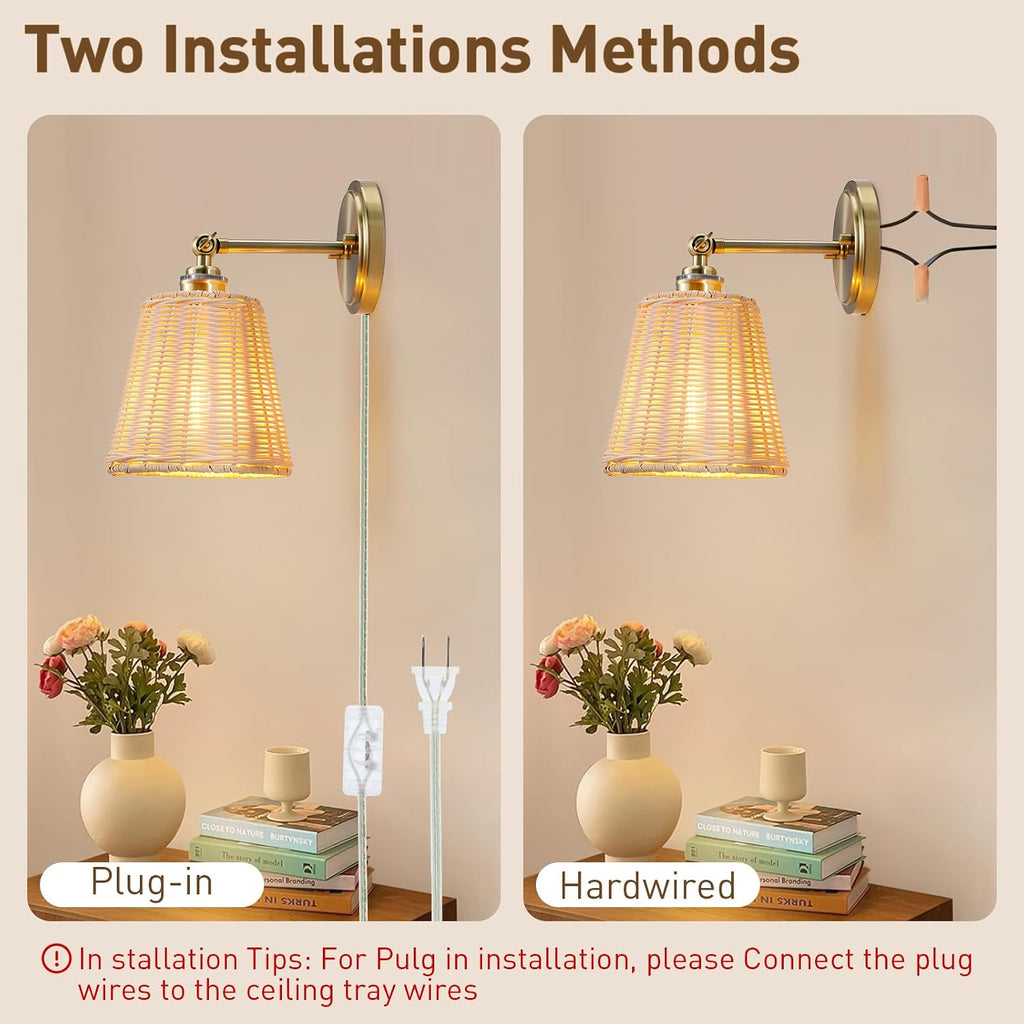 2 Pack Plug-in Wicker Rattan Wall Sconces