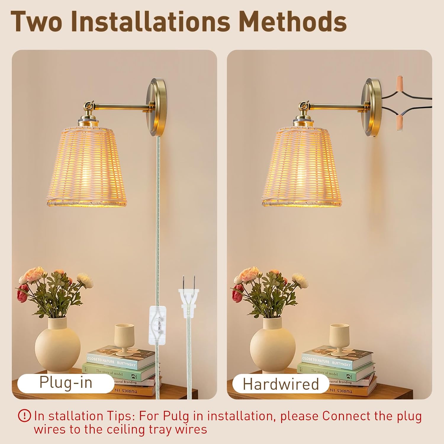 2 Pack Plug-in Wicker Rattan Wall Sconces