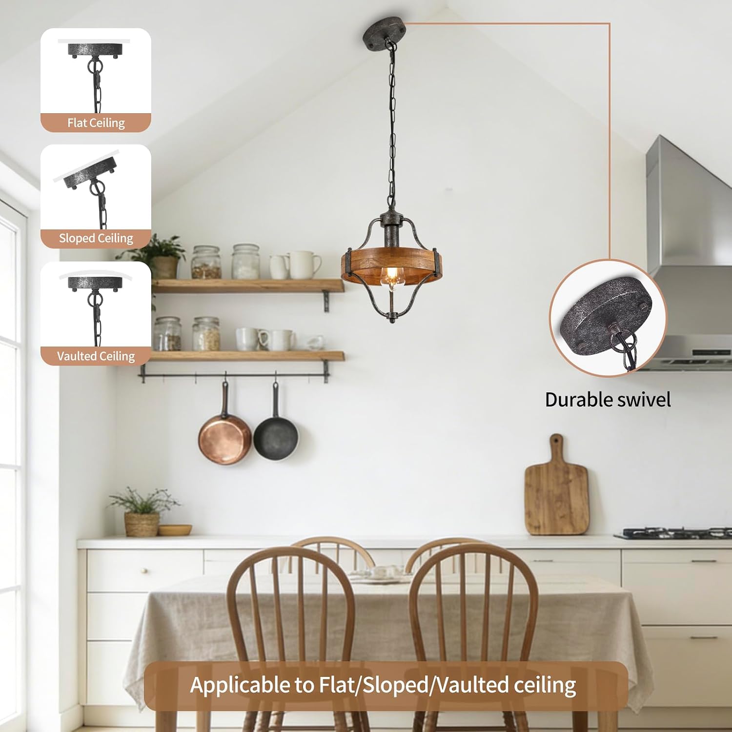Round Wood Metal Farmhouse Pendant Light