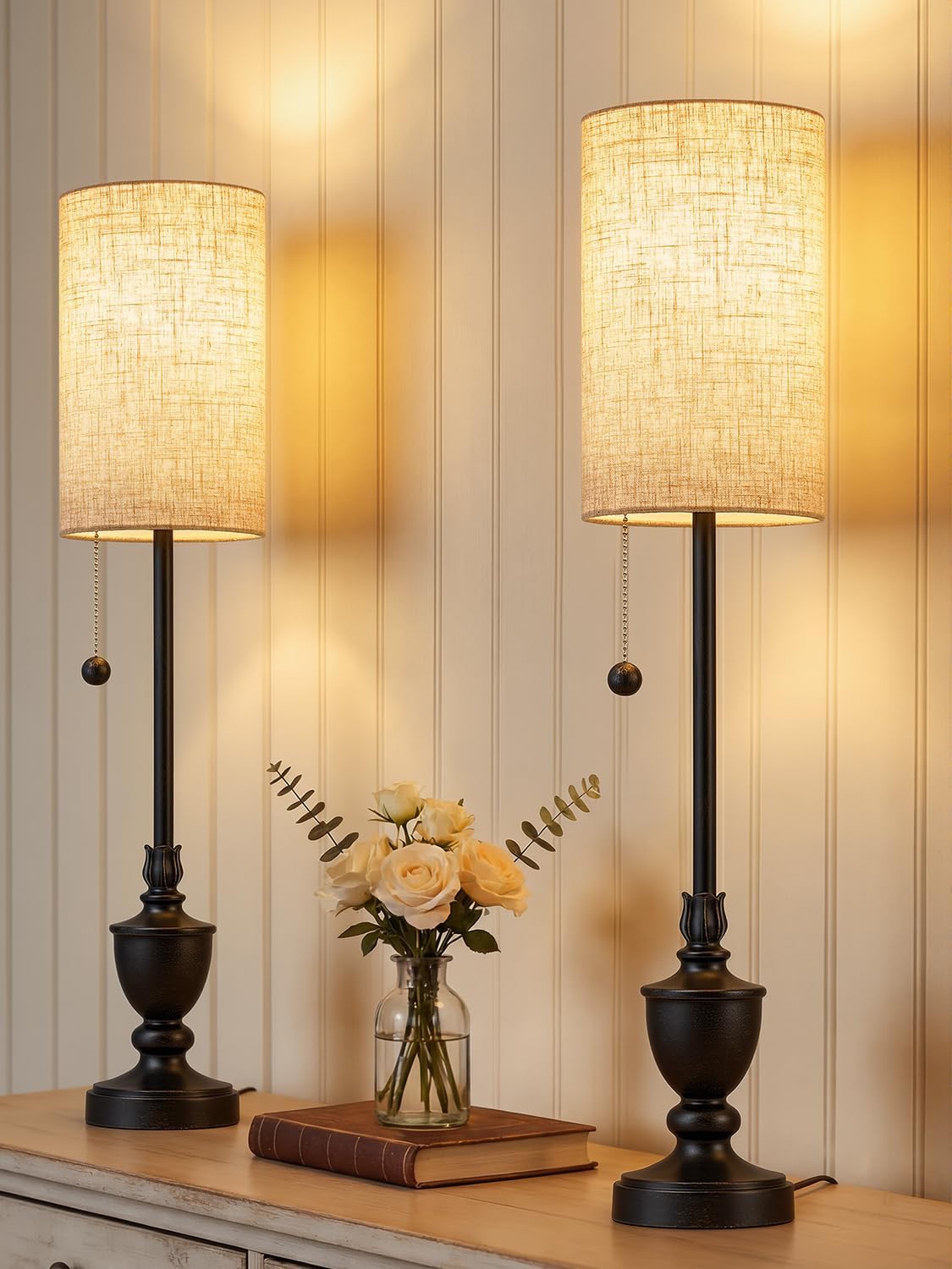 Set of 2 28in Black Resin Tall Skinny Candlestick Table Lamps