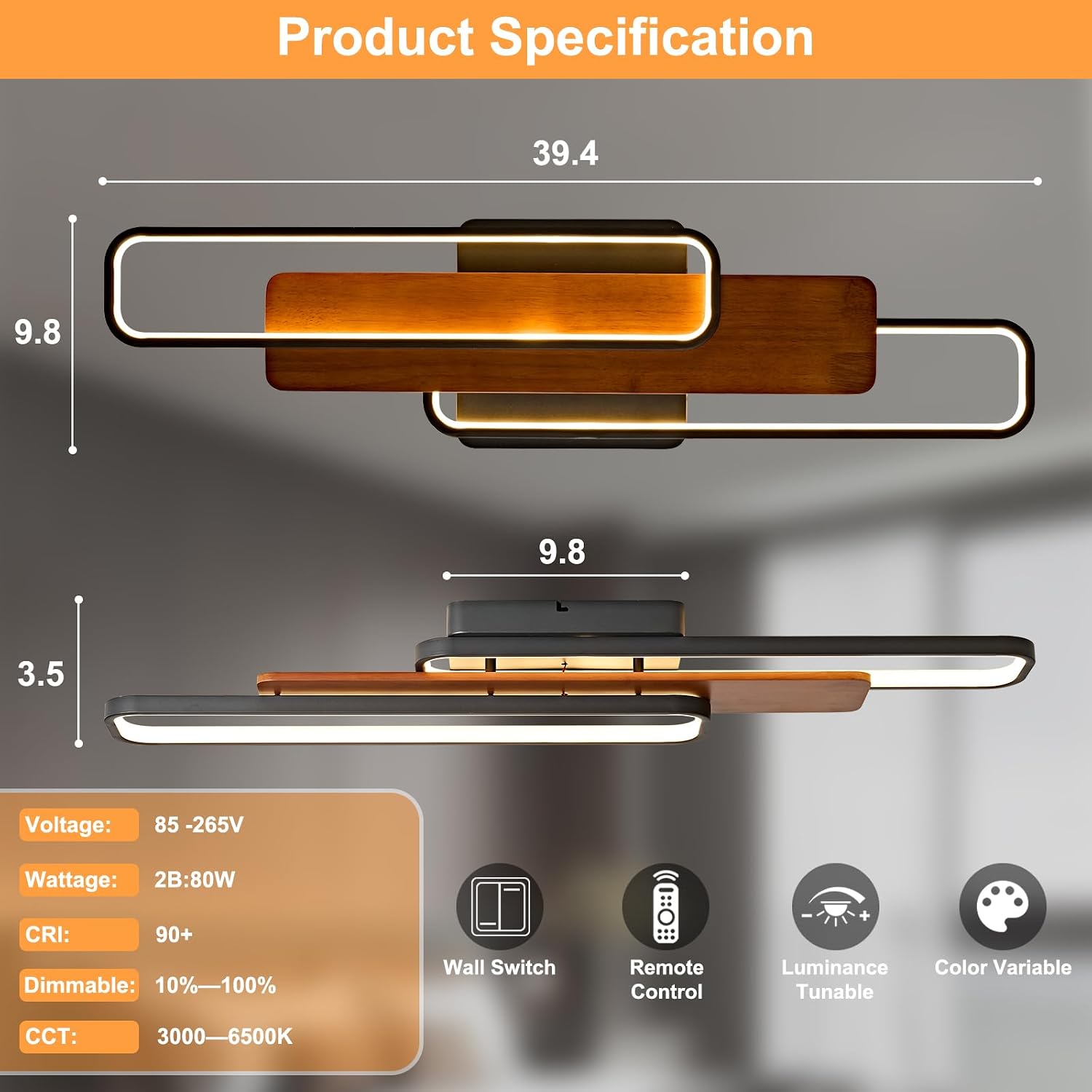 39.4in Wood Look Dimmable Linear LED Ceiling Light