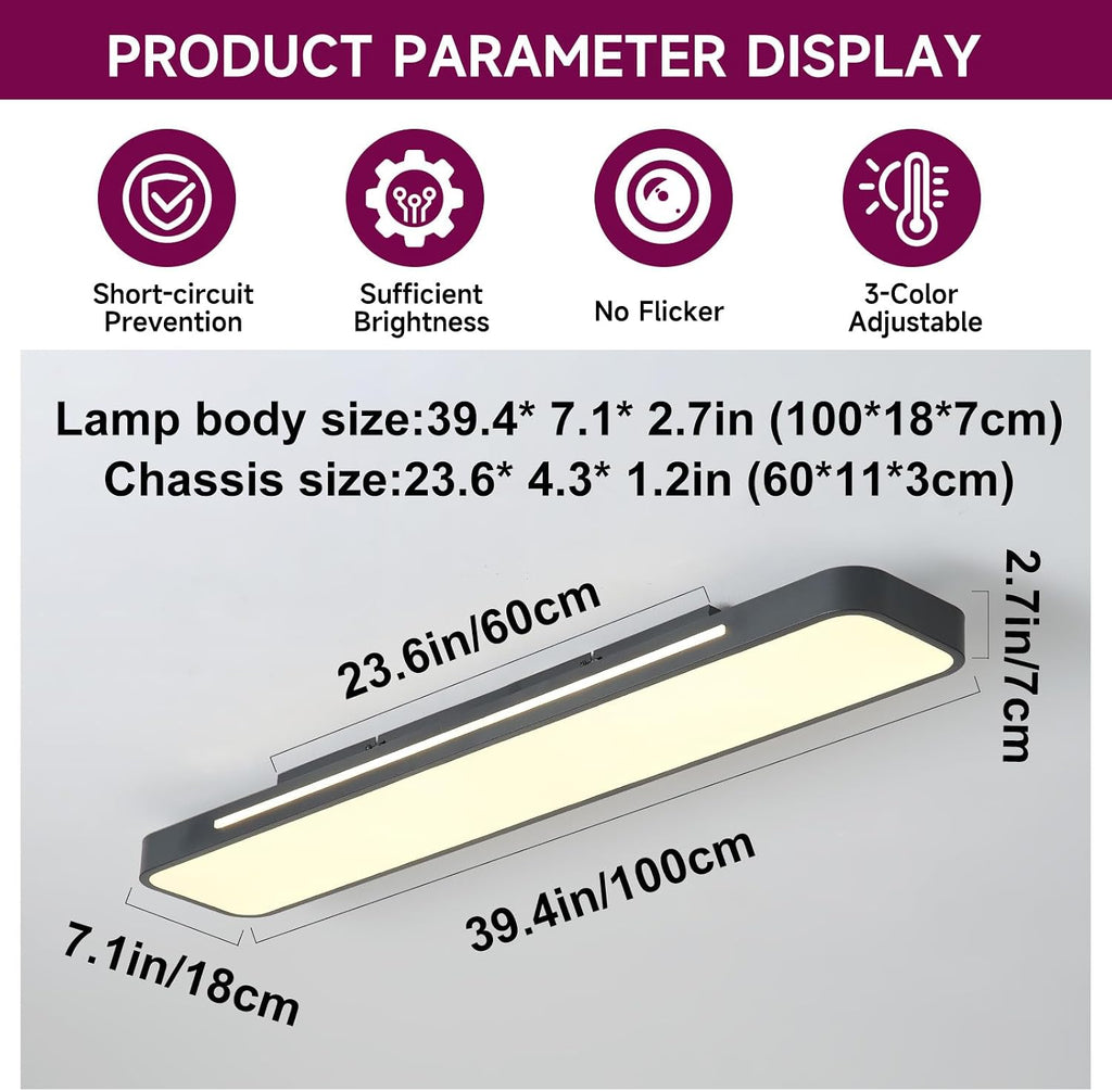 39.4in Black Remote Dimmable Linear LED Ceiling Light