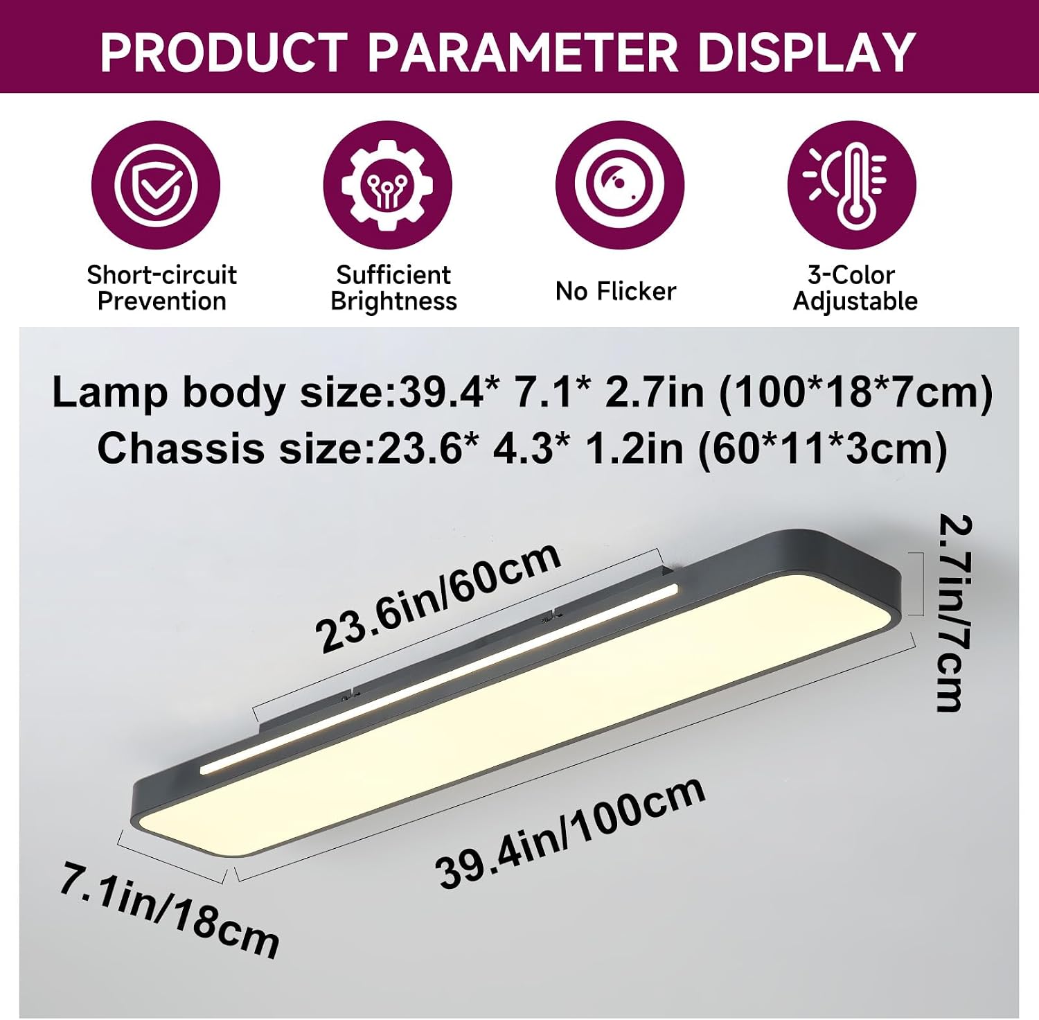 39.4in Black Remote Dimmable Linear LED Ceiling Light