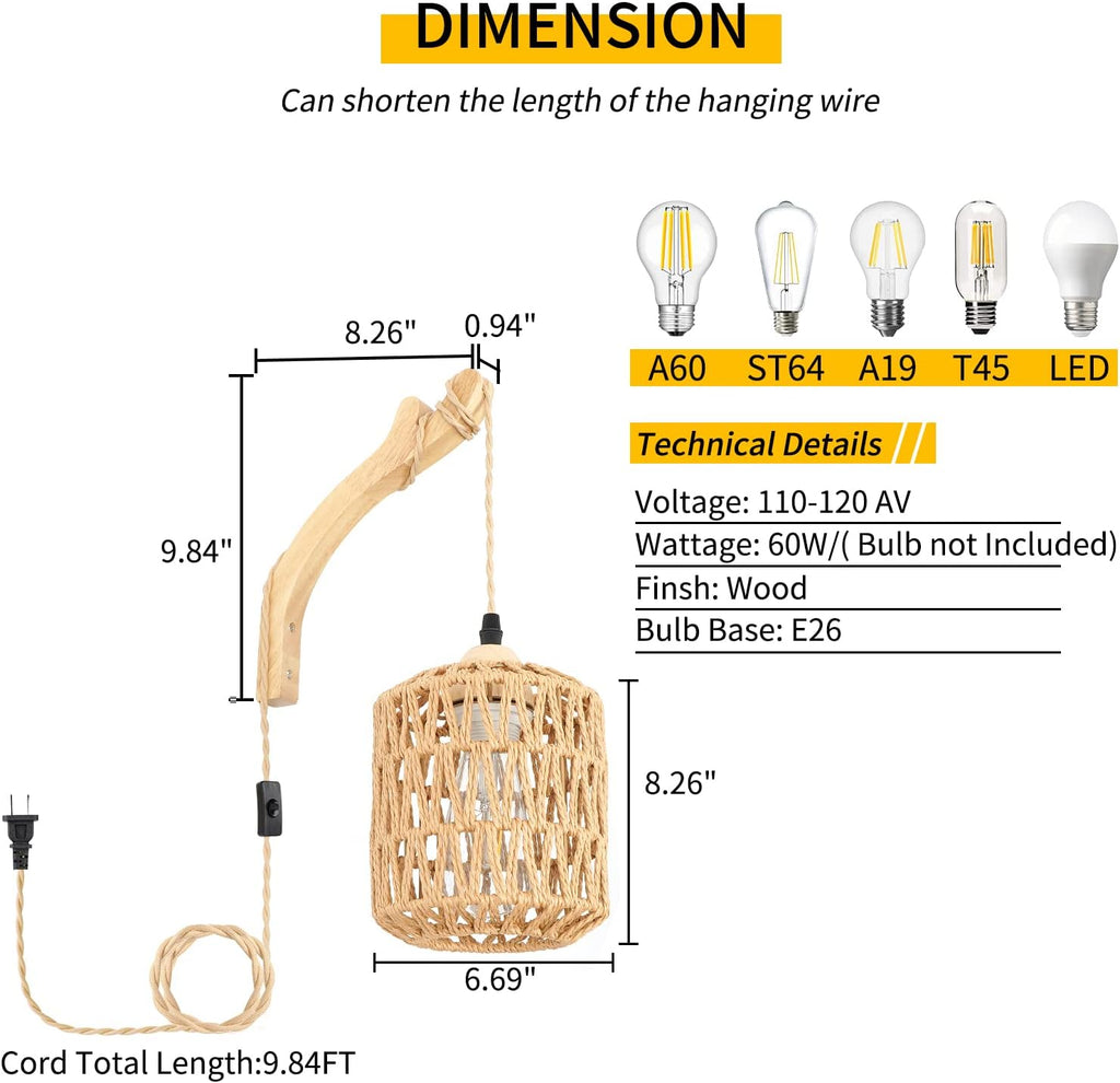 Plug-in Rattan Boho Wall Sconce