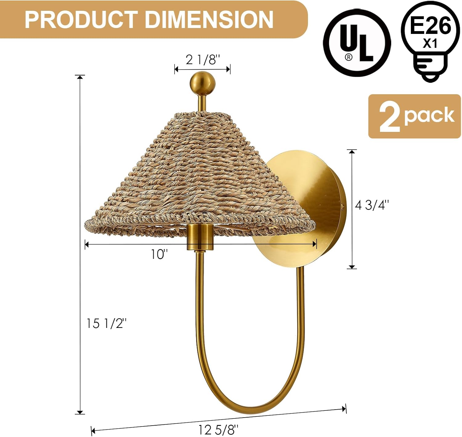 2 Pack Brass Rattan Boho Wall Sconces
