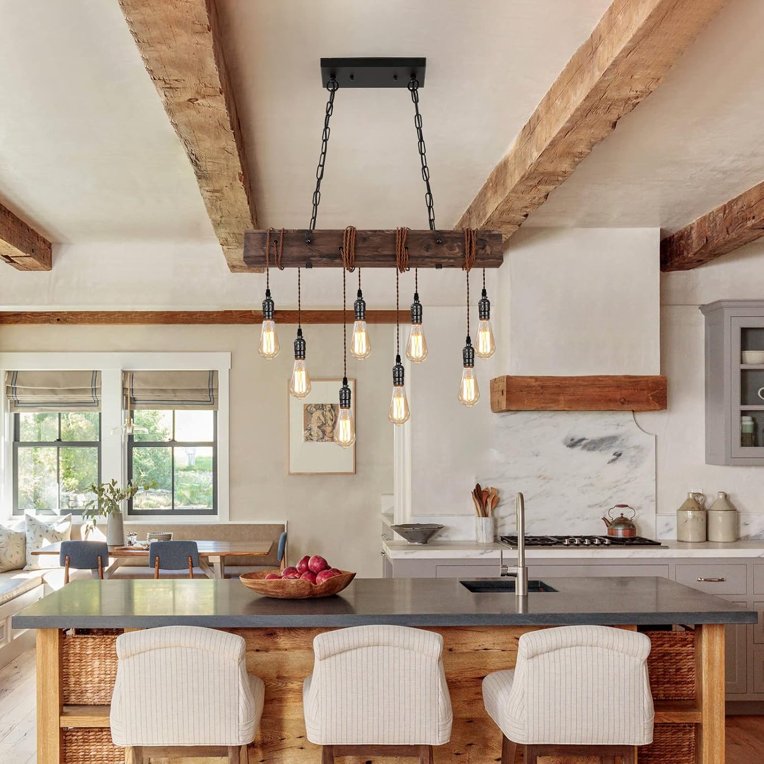 8-Light Farmhouse Wood Rectangle Chandelier