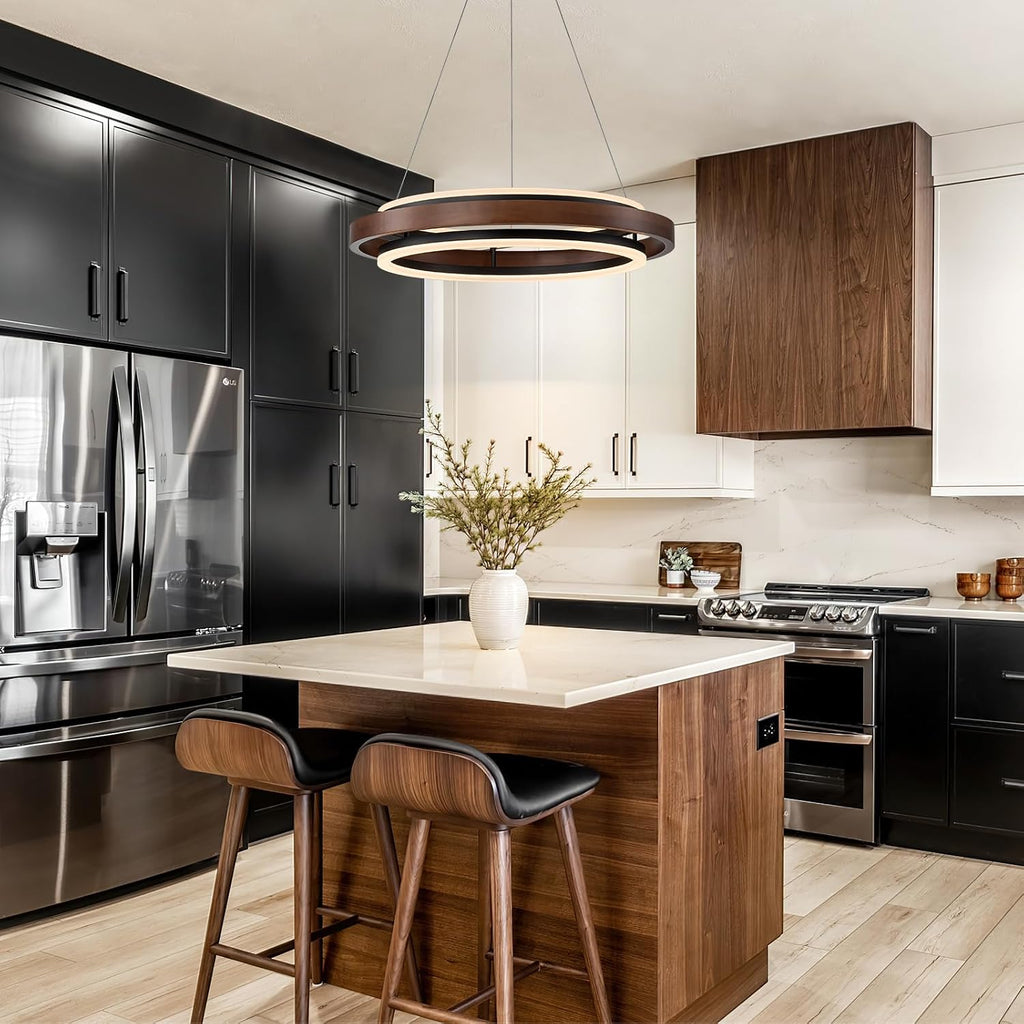 Walnut Wood 2 Ring LED Chandelier