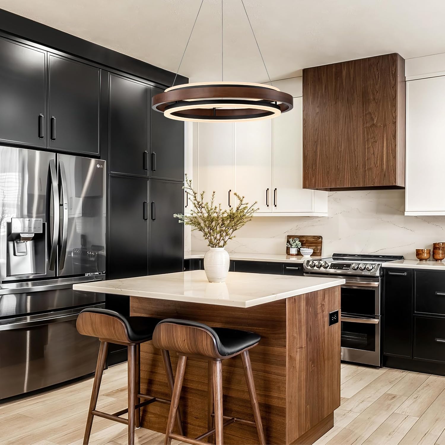 Walnut Wood 2 Ring LED Chandelier