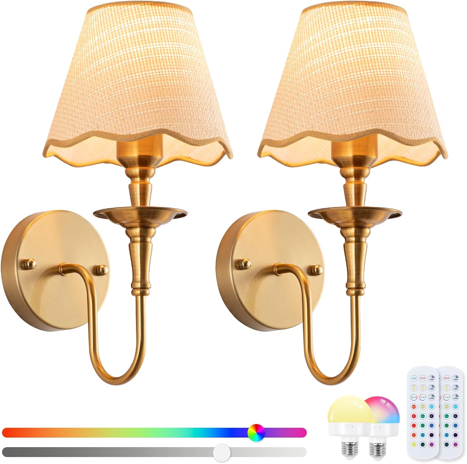 2 Pack Brass RGB Rattan Battery Wall Sconces