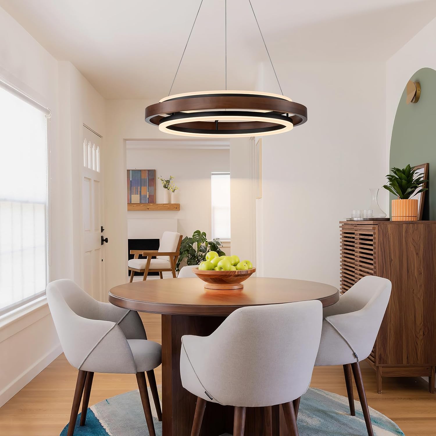 Walnut Wood 2 Ring LED Chandelier
