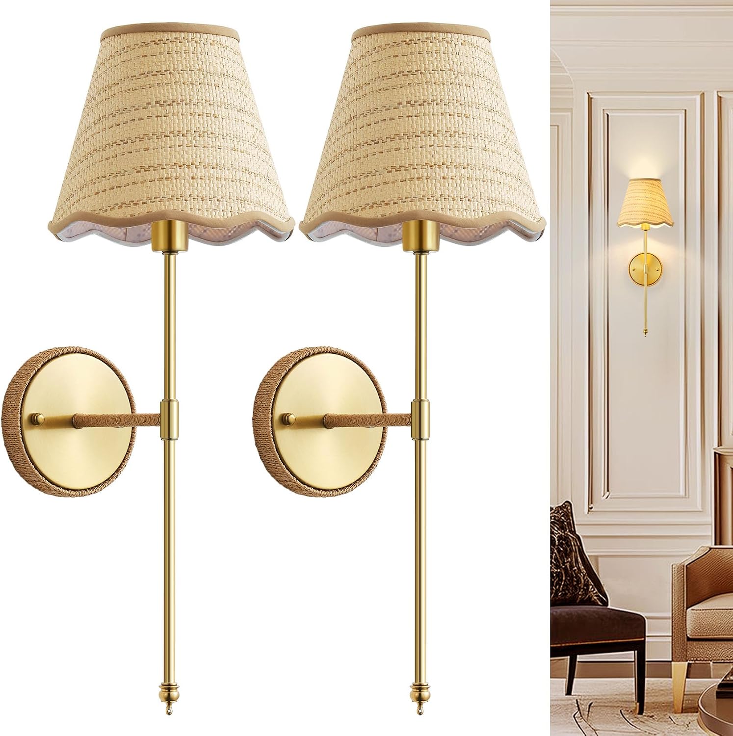 2 Pack Gold Natural Rattan Wall Sconces