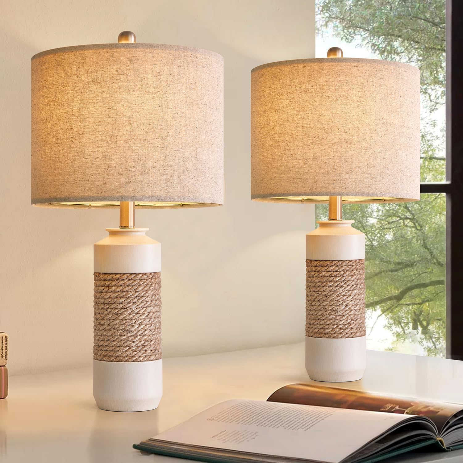 Set of 2 23.75in Antique White Rattan Farmhouse Table Lamps