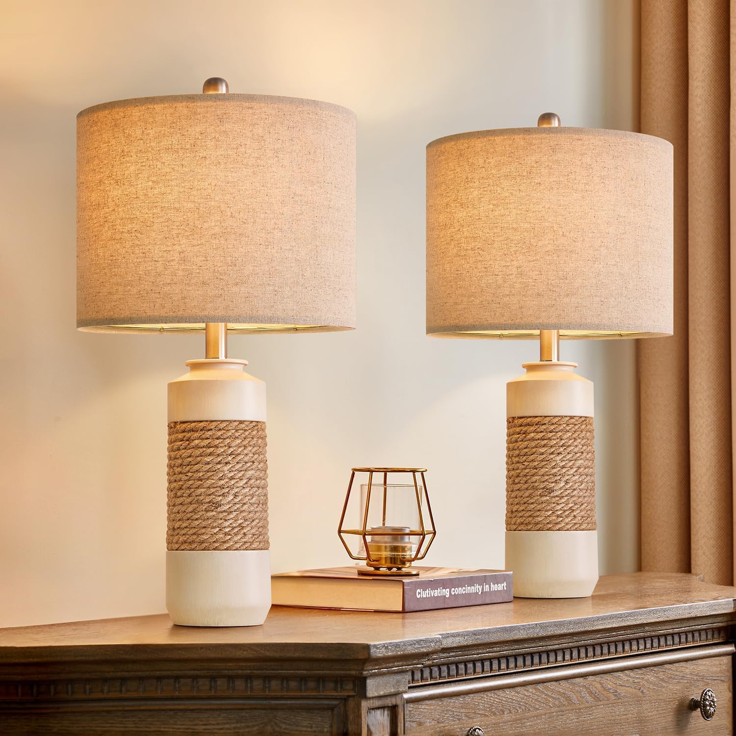 Set of 2 23.75in Antique White Rattan Farmhouse Table Lamps