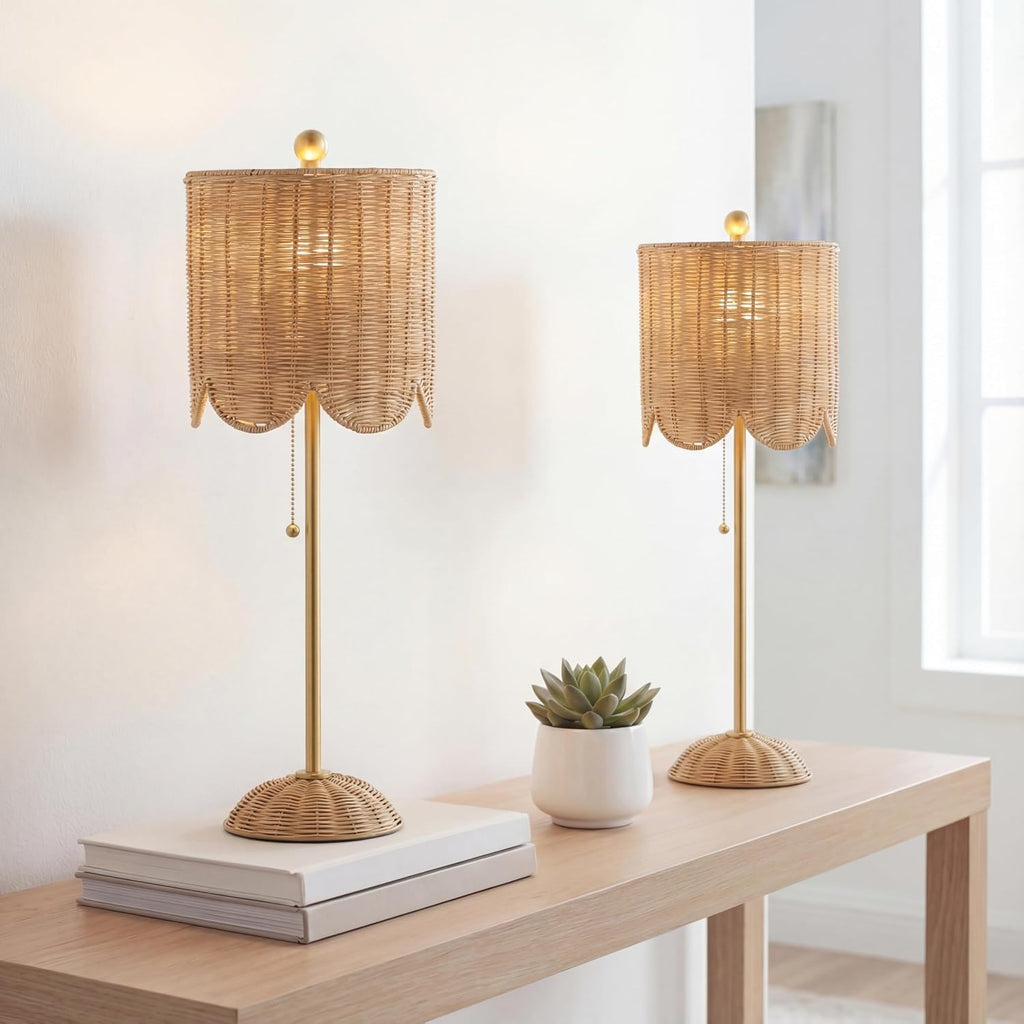 Set of 2 27.5in Brass Rattan Coastal Table Lamps
